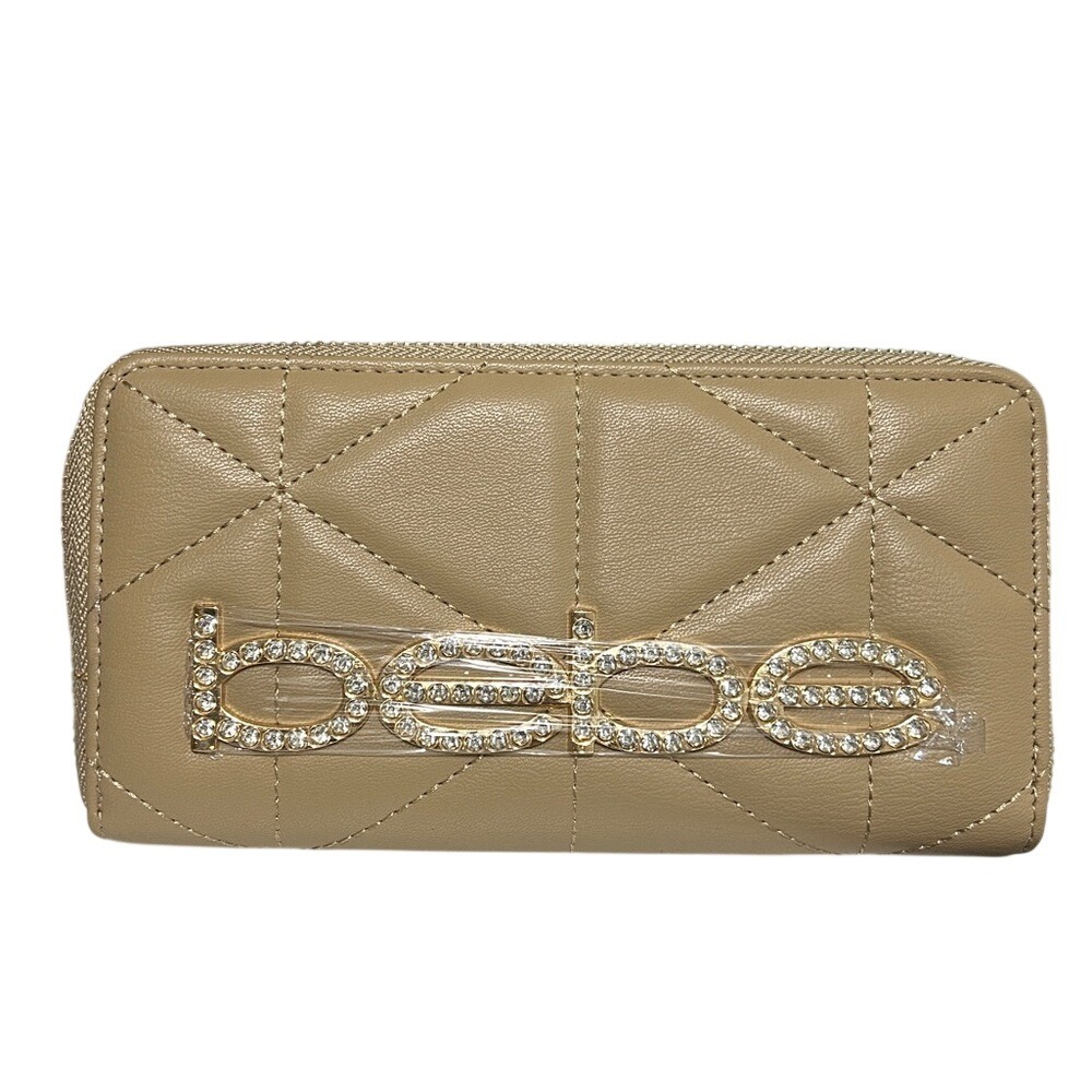 Bebe Zaza Wristlet Wallet Beige Quilted Rhinestone Logo Zip Around‎ E10-4018 NEW